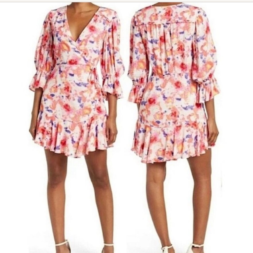 Betsey Johnson Pink Yarrow Faux Wrap Flounce Hem Dress Sz 12 - Picture 1 of 13